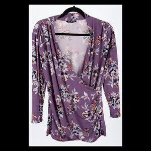 41 Hawthorn Womens Purple Floral 3/4 Sleeve Vneck Ruched Wrap Top XL EUC